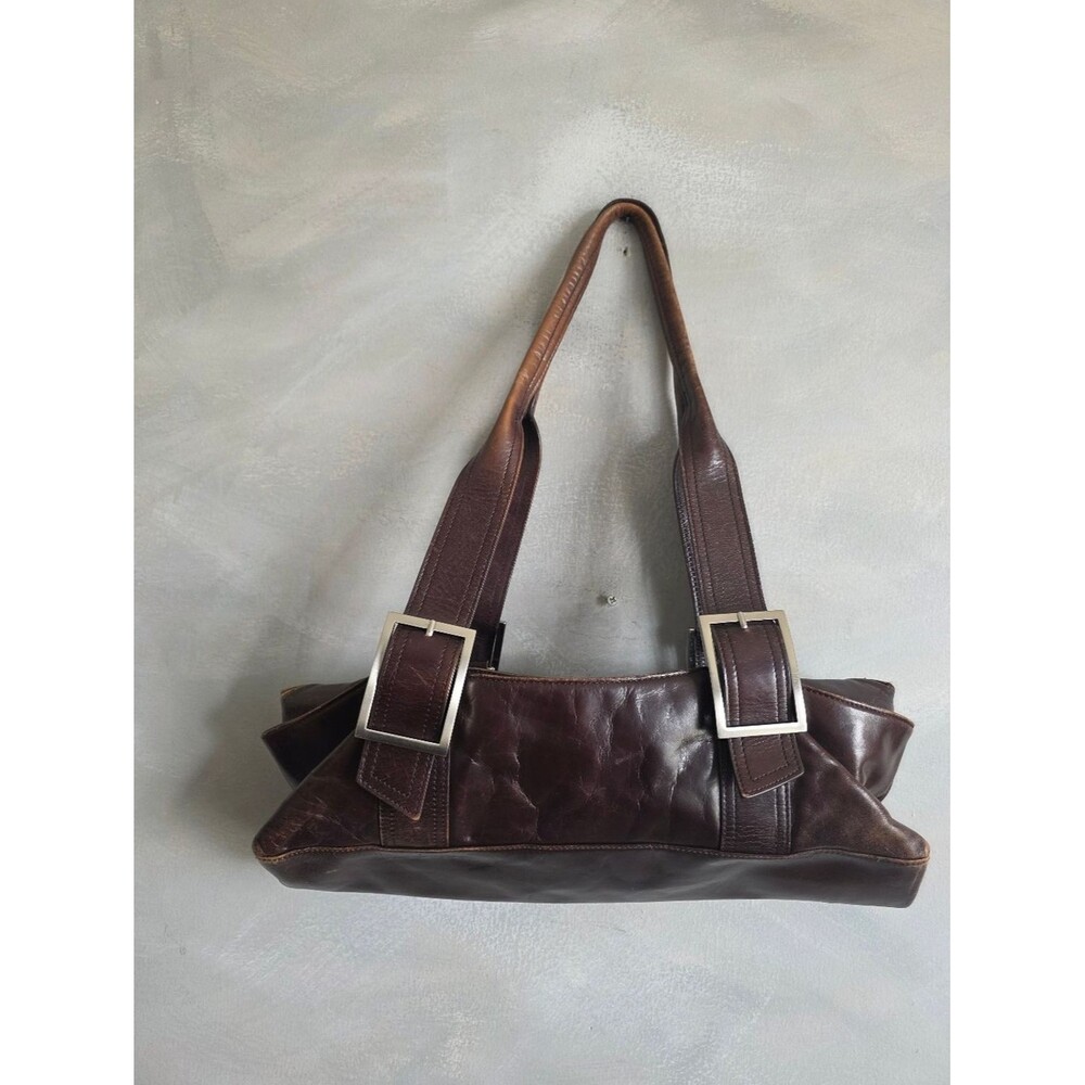 Keneth Cole Brown Leather Shoulder Bag Silver Hardware Buckles Weathered Patina - Picture 7 of 11